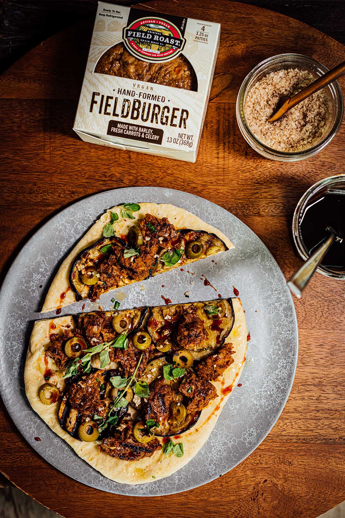 Grilled Flatbread with Crumbled Fieldburgers Field Roast