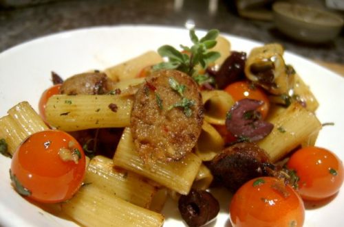 Italian Sausage Rigatoni with Balsamic Onions and Cherry Tomatoes