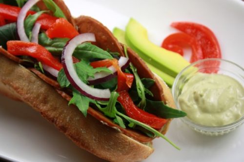 Smoked Tomato Green Goddess Sandwich with Arugula and Roasted Red Peppers