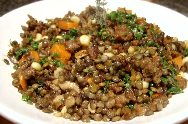 Wild Mushroom Loaf with Green Lentils, Fresh Corn, Kale and Thyme