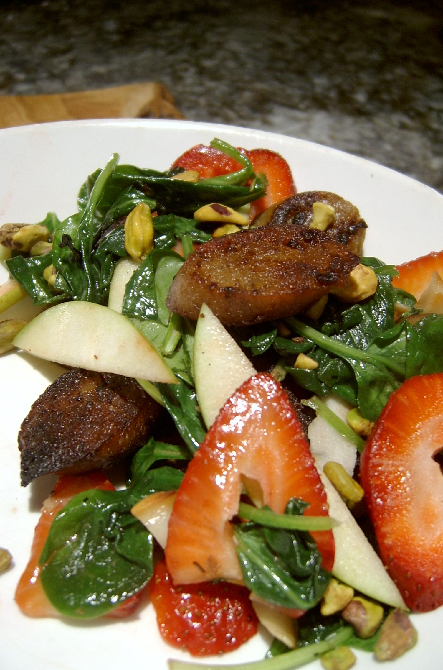 Wilted Spinach Salad with Smoked Apple Sage Sausage and Strawberries