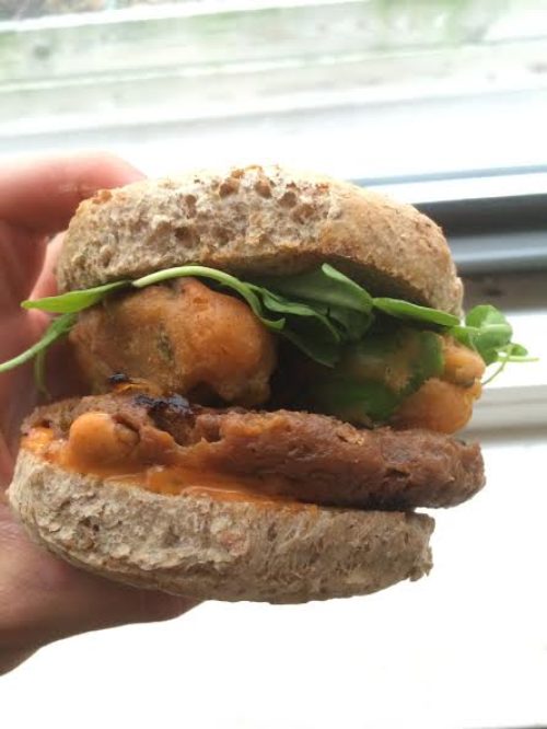 FieldBurger with Beer Battered Avocados & Garlic Sriracha Mayo