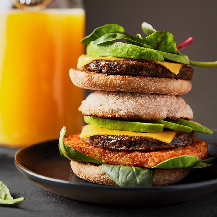 Hash Brown Breakfast Stack with Sausage Patty, Avocado and Pesto Mayo ...