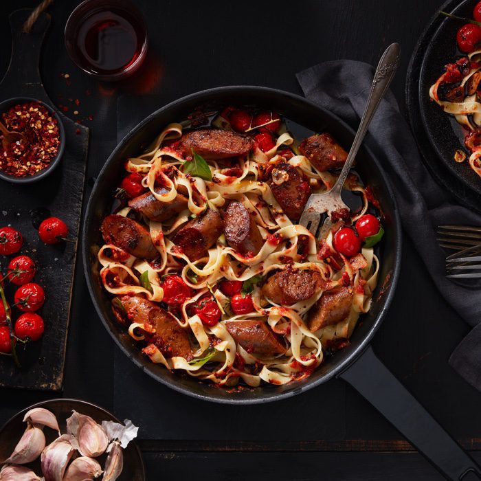Harissa Roasted Cherry Tomato Fettucine with Garlic and Fennel Sausages Field Roast